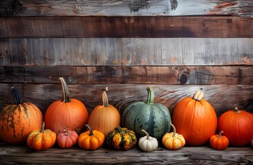 Autumn Gourds and Pumpkins on Rustic Wood Background