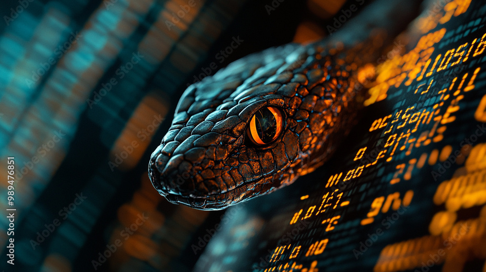 Poster close-up of a reptile with intricate scales against a backdrop of glowing digital code at night
