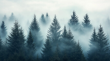 Misty pine forest with thick fog rolling through the trees, creating a mysterious and atmospheric scene of nature's beauty
