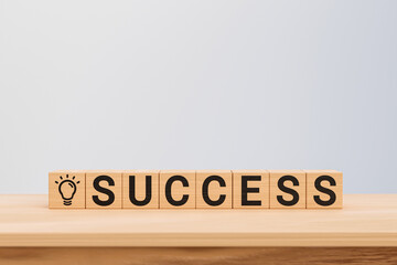 stack of success and idea icon on wooden cube, Business Strategies and Competitive Advantage, Banking and Finance, The path to success concept, 3d render