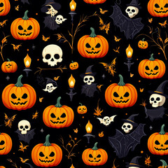 seamless pattern of halloween elements like pumpkin, skull, ghost, witch hat, lantern, bat on abstract background,  illustration wallpaper