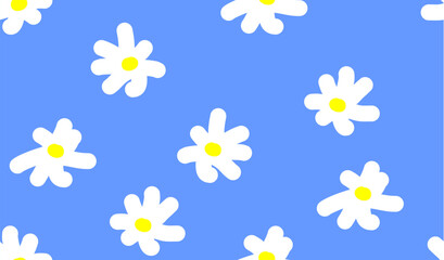 Hand drawn
vector seamless bright summer pattern with 
white flowers of chamomile 
 on blue background. Floral 
fashion ornament for women clothing, fabric, 
textile, paper, notepad, card, packaging.