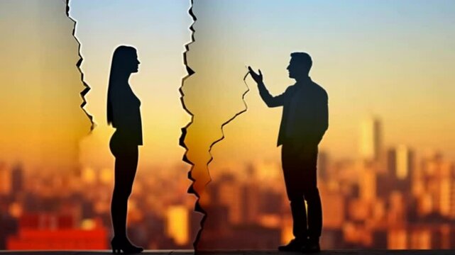 Angry man and woman turning away from each other crossing their arms. Ripped picture. Standing back to back after argument. Romantic relationships problem. Divorce breakup