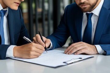 A lawyer explaining a legal document to a client, with the client looking carefully at the details before signing