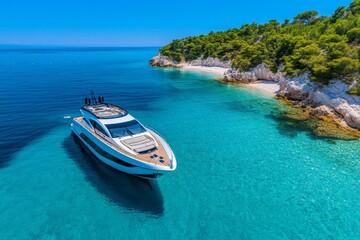 Fototapeta premium A luxury yacht anchored in a serene bay, with crystal-clear water reflecting the sunlight and a private beach nearby