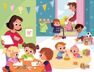 Cozy interior of a kinder garden. Children play together. Art class with kids drawing. Father brings a child to a kinder garden. Preschool kids. Boys and girls spare time and have fun.
