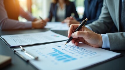 A corporate compliance meeting with professionals reviewing documents, emphasizing attention to detail and regulations