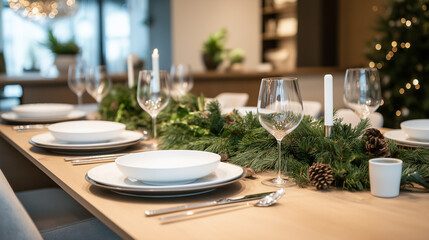 Elegant Christmas table setting with white plates, wine glasses, and festive evergreen garlands with pinecones, creating a cozy holiday dining atmosphere