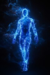 A glowing blue human figure made of smoke and fire walking against a black background.