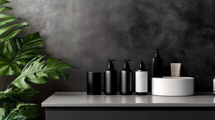 A plain toothpaste tube mock-up on a narrow bathroom shelf, with a minimalist background that includes a smooth, white countertop and a subtle, monochromatic color palette