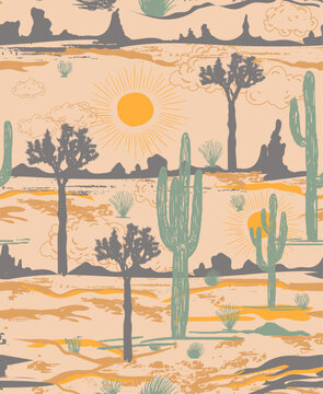 desert pattern feel the sunset. joshua tree with cactus patteern. summer pattern design in desert theme. mountain pattern design. apparel fabric textaile background.