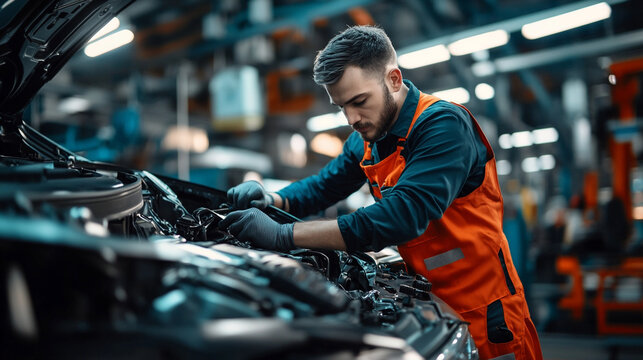Skilled mechanic repairing a car engine in a well-equipped automotive workshop during the day