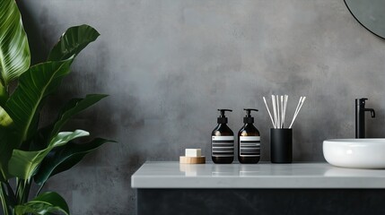 A plain toothpaste tube mock-up on a narrow bathroom shelf, with a minimalist background that includes a smooth, white countertop and a subtle, monochromatic color palette