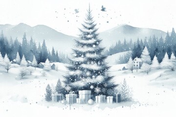 Fototapeta premium Winterlandschaft in Aquarell. Tannenbäume, Schnee, heller Hintergrund Perfekte Weihnachtskarte mit Platz für Text, Generative KI 