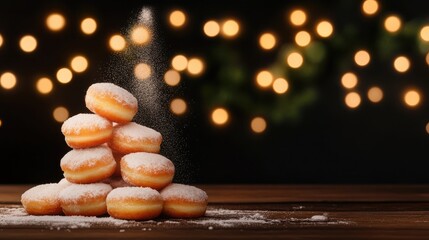Obraz premium A cascade of white sugar powder adorns a delightful stack of donuts on a rustic wooden table, creating a sweet moment in the kitchen