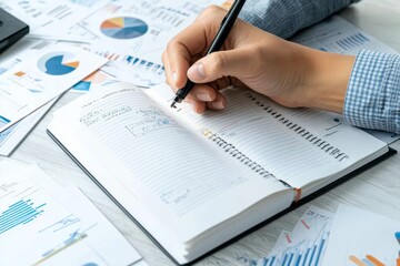 A person writing notes in a research journal, with charts, graphs, and papers spread out on a desk