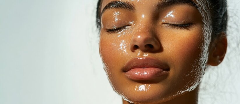 Woman with oiled skin against a white backdrop