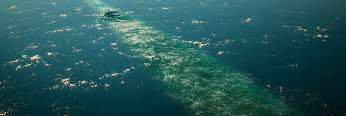 Naklejka premium A ship leaves a foamy wake as it sails across the deep blue ocean.