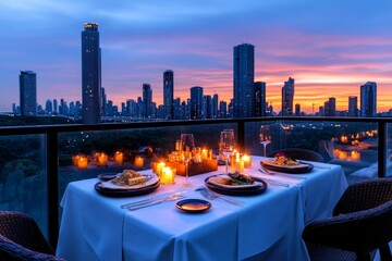 A private dining table set up on a balcony, with a view of the city skyline at sunset, candles, and gourmet food