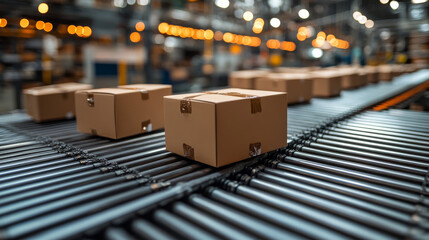 Brown cardboard boxes move along a conveyor belt in a warehouse.