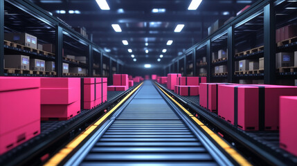 Obraz premium Pink boxes move along a conveyor belt in a warehouse.