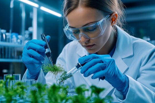 A scientist conducting research on a distant planet, using advanced tools to study alien life forms and ecosystems in a high-tech lab