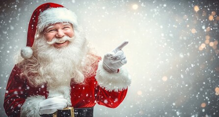 Smiling Santa Claus pointing on blank advertisement banner background with copy space