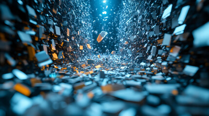 Obraz premium Abstract 3D digital art of a tunnel of metallic blocks, with a bright light at the end.
