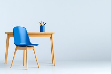 A single student&acirc;&euro;&trade;s chair and desk set against a plain white background, symbolizing individual learning in a minimalist style