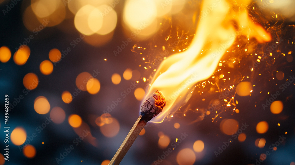 Poster a close-up of a flaming matchstick against a blurred bokeh background at dusk