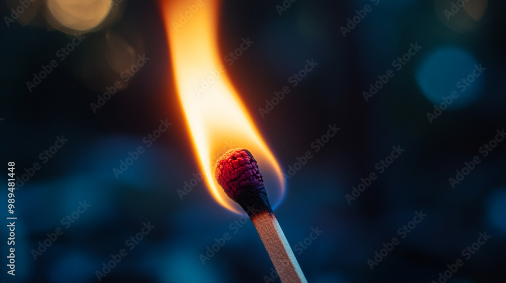 Poster a close-up of a lit matchstick illuminating the darkness in a tranquil setting