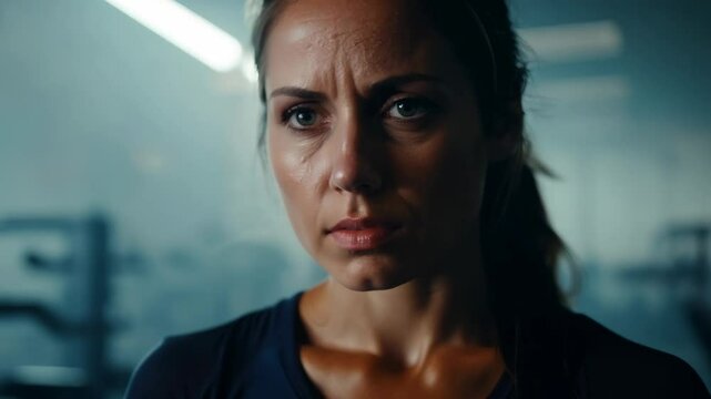 Close-up portrait of a young woman tired after training in the gym. Her expression captures the essence of perseverance, showcasing the beauty found in pushing limits and embracing fatigue.