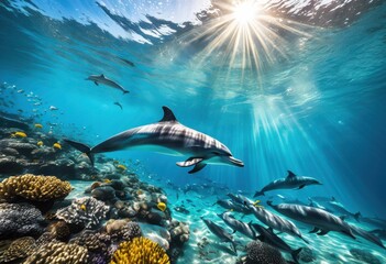 Obraz premium vibrant underwater footage showcasing dolphins gliding gracefully through crystal clear waters, aquatic, animals, blue, biodiversity, coral, creatures