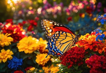 Obraz premium vibrant butterfly wings resting elegantly lush colorful flowers captured lively outdoor garden setting, rainbow, lgbtq, lgbt, pride, love, equality, nature