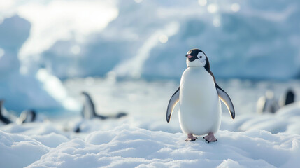 Obraz premium A penguin waddles gracefully across a snowy landscape, surrounded by icy terrain