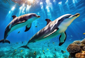 Obraz premium vibrant marine animals leaping gracefully crystal clear waters under bright sunlight, jumping, ocean, aquatic, wildlife, fish, dolphins, whales, surf