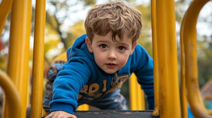 Fototapeta premium Young boy exploring a playground jungle gym during autumn in a public park