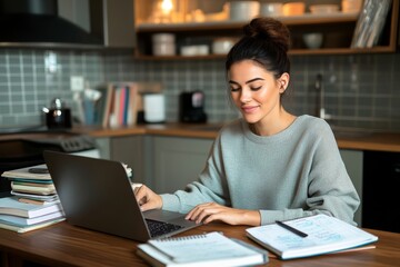 A teacher preparing lesson plans at home, surrounded by books, notes, and a laptop while sitting at a kitchen table