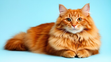 Obraz premium A fluffy orange cat rests comfortably, showcasing its vibrant coat and playful expression in a bright environment