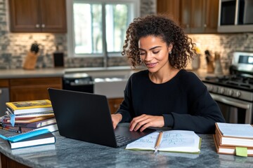 A teacher preparing lesson plans at home, surrounded by books, notes, and a laptop while sitting at a kitchen table