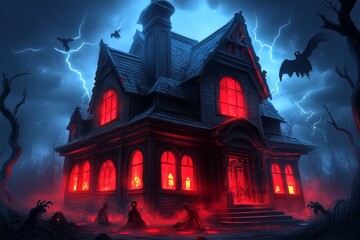 Obraz premium A terrifying horror scene of a red-black haunted house with glowing red windows, surrounded by shadowy spirits, in a horror fantasy artwork illustration
