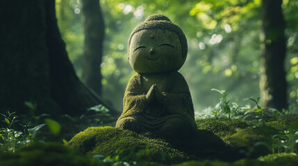 Small moss-covered Jizo statue meditating in a forest