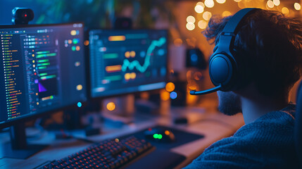 professional programmer wearing headphones is sitting at the computer and looking into one of two monitors displaying colorful code