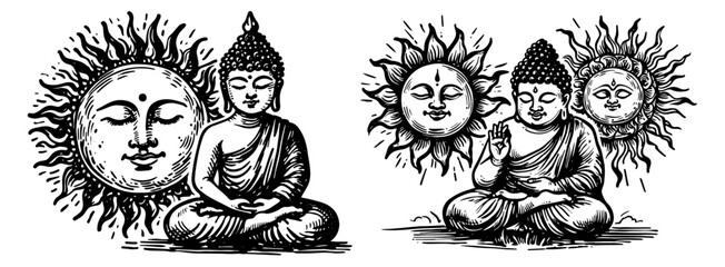 spiritual buddha meditating with sun collection in line art vector style