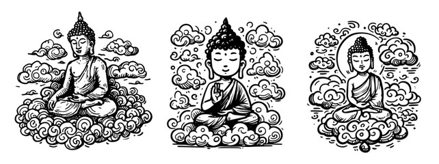 spiritual buddha meditating in clouds collection in black and white vector