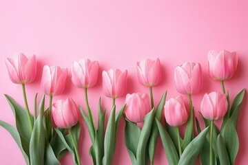 Fototapeta premium Beautiful composition spring flowers. Bouquet of pink tulips flowers on pastel pink background. Valentine's Day, Easter, Birthday, Happy Women's Day, Mother's Day. Flat lay, top view, copy space