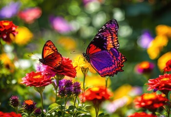 Naklejka premium vibrant butterflies dancing among blooming flowers lush outdoor garden scene, butterfly, colorful, flora, petal, petals, insect, insects, beauty, bright