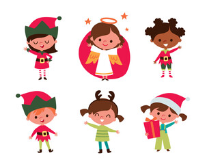 Cute children and Santa elves. Children in festive costumes. Baby angel.  Kids with christmas accessorizes and gifts.