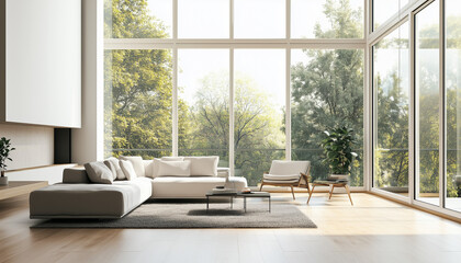 Fototapeta premium Modern minimalist living room with large windows
