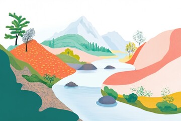 Naklejka premium Illustration of a river flowing through a scenic natural landscape